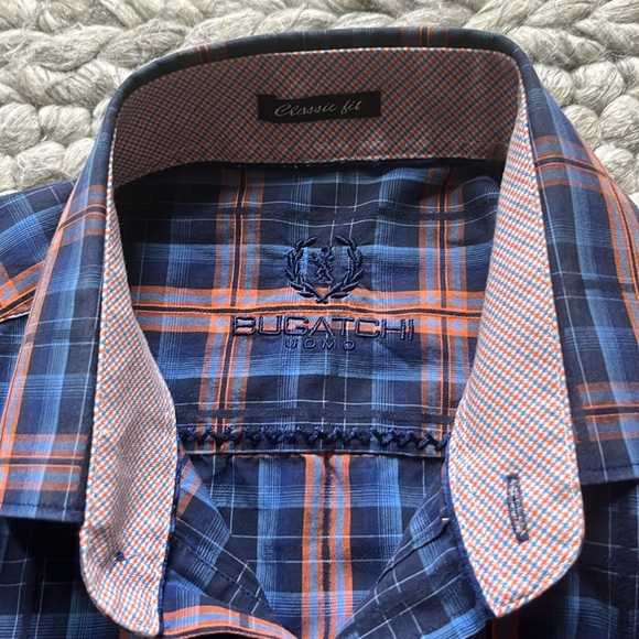 Bugatchi blue/orange plaid button-down shirt with contrasting cuffs - Picture 6 of 10